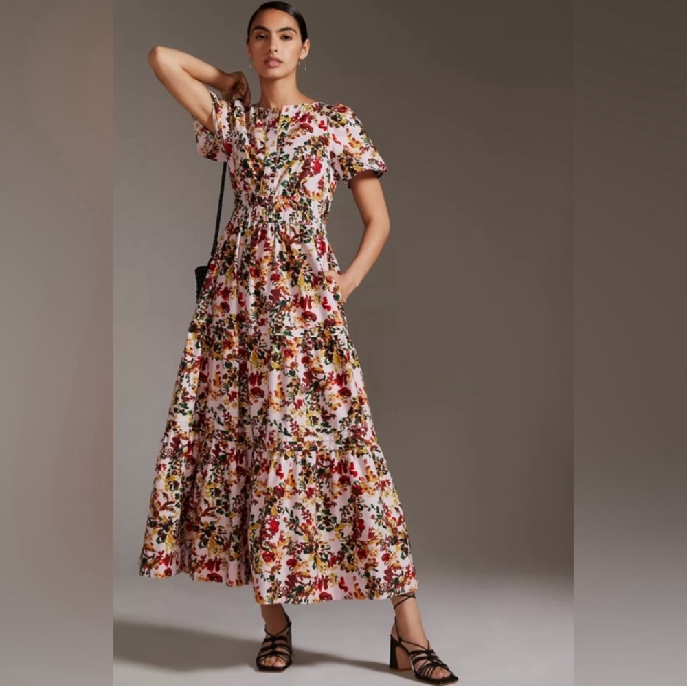 Anthropologie The Somerset Maxi Dress Floral Tiered Boho V-Neck Pink Multi Small